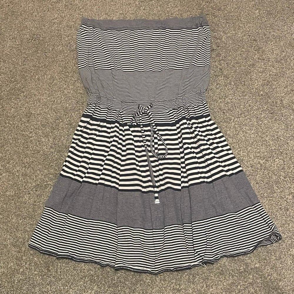 Lacoste White & Navy Striped Strapless Above The Knee Swim Cover Up Dress SZ 40